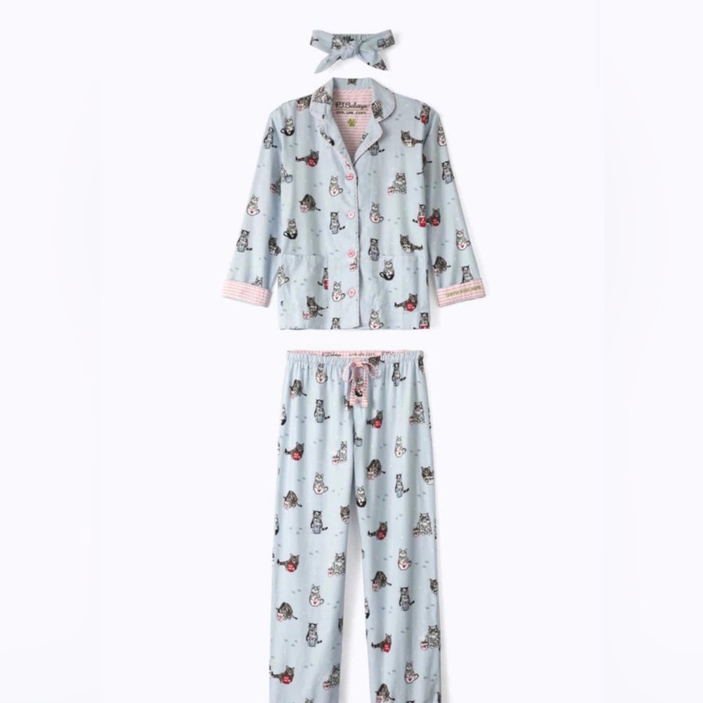 PJ Salvage Cats & Coffee Flannel PJ Set 🐈 ☕️💙